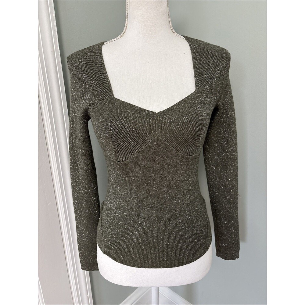 House of Harlow 1960 Small Sparkle Long Sleeve Rib Knit Top Silver Green